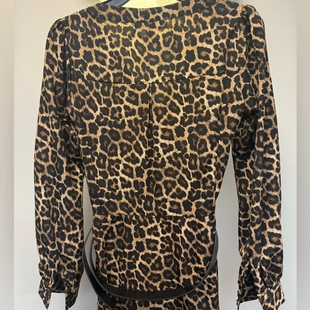 Michael, Michael Kors Leopard Print Long Sleeve V-neck Belted Dress Size XS